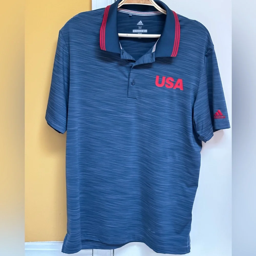 Adidas Medium Men’s Blue Golf USA Polo Shirt with Red Adidas Logo & Red Stripes